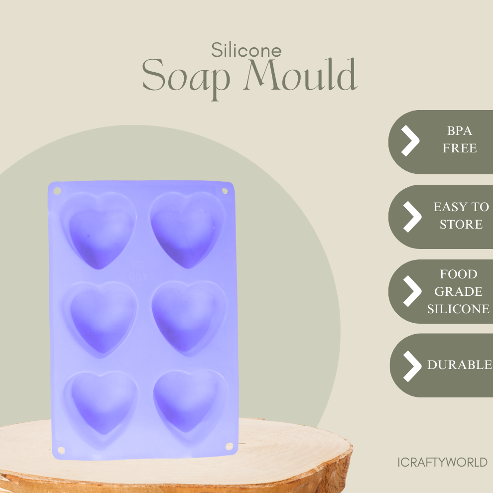 Heart Shape 6 Cavity Silicone Soap Mould - 100 GMS