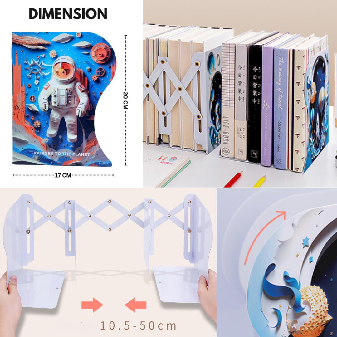 Metal Bookends Expandable Book Holder Organizer for Table (Astronaut)