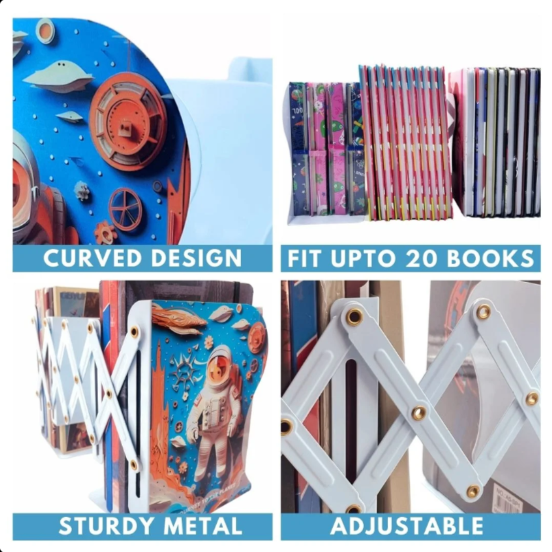 Metal Bookends Expandable Book Holder Organizer for Table (Astronaut)