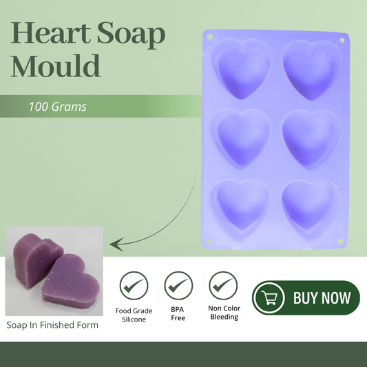 Heart Shape 6 Cavity Silicone Soap Mould - 100 GMS