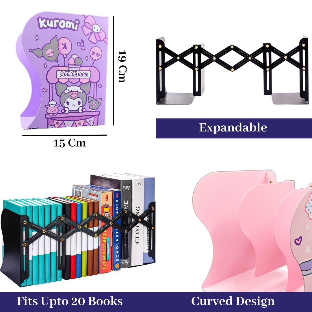 Metal Bookends Expandable Book Holder Organizer for Table (Kuromi)